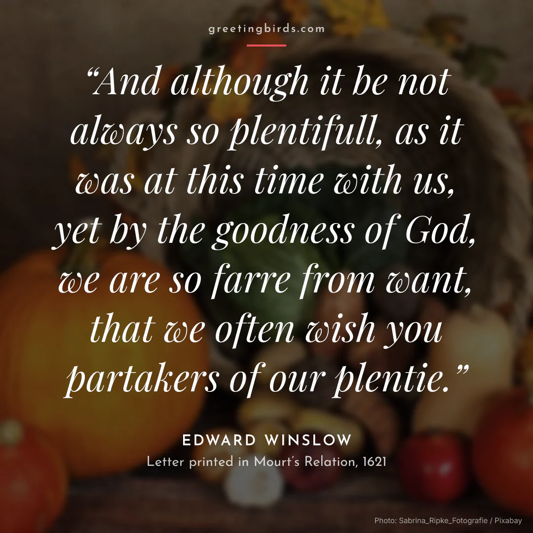 “And although it be not always so plentifull, as it was at this time with us, yet by the goodness of God, we are so farre from want, that we often wish you partakers of our plentie.” — Edward Winslow, Letter printed in Mourt’s Relation (1621)