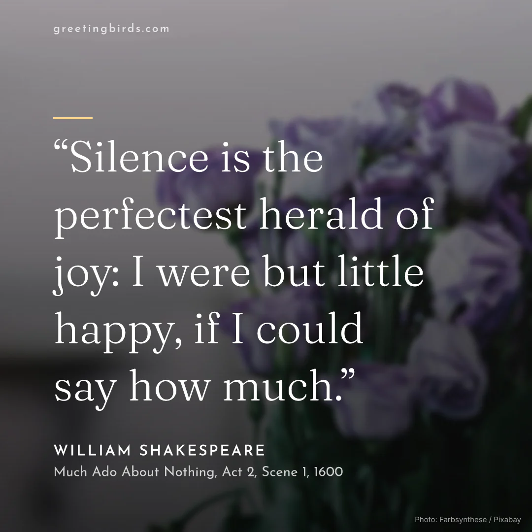 “Silence is the perfectest herald of joy: I were but little happy, if I could say how much.” — William Shakespeare, Much Ado About Nothing, Act 2, Scene 1 (1600)