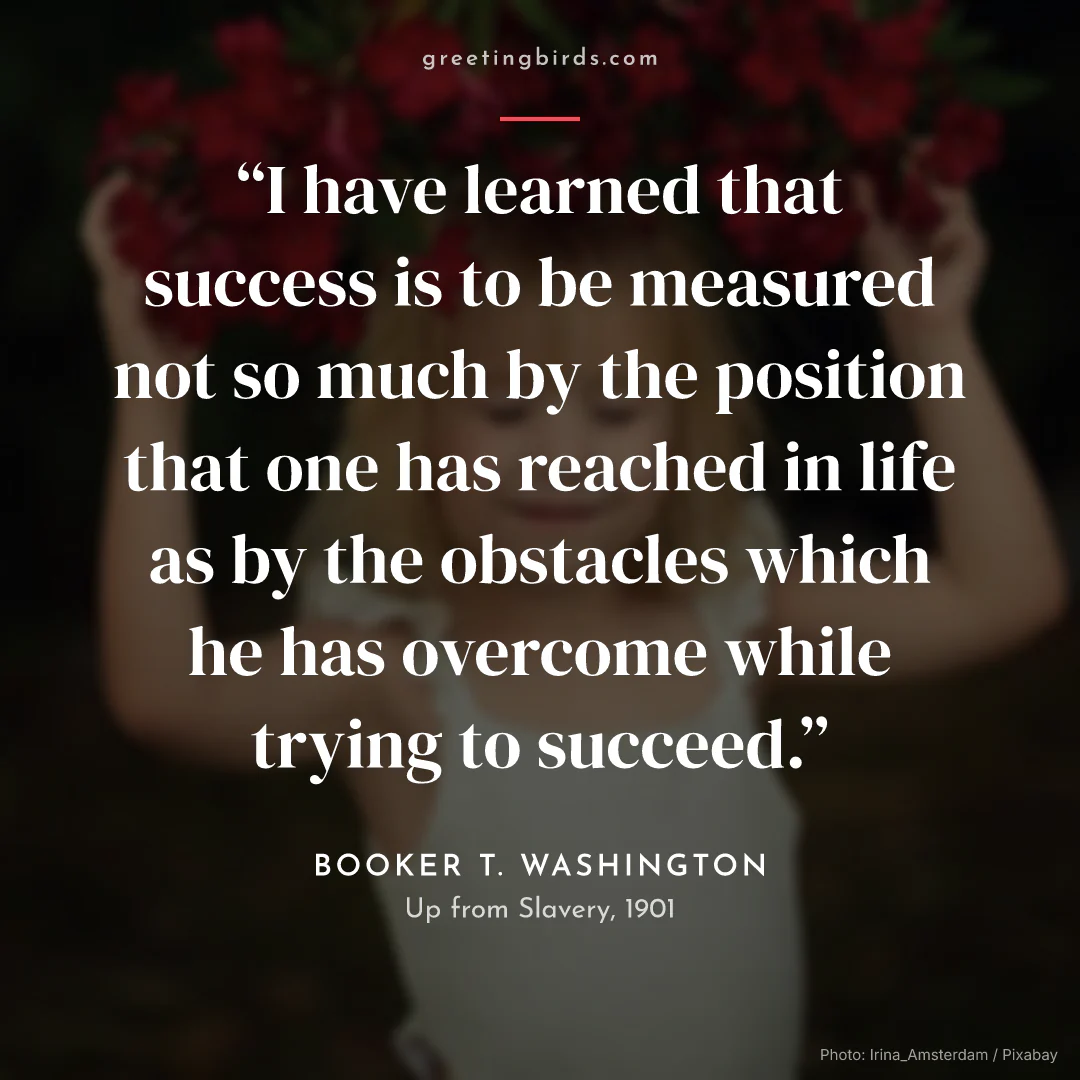 “I have learned that success is to be measured not so much by the position that one has reached in life as by the obstacles which he has overcome while trying to succeed.” — Booker T. Washington, Up from Slavery (1901)