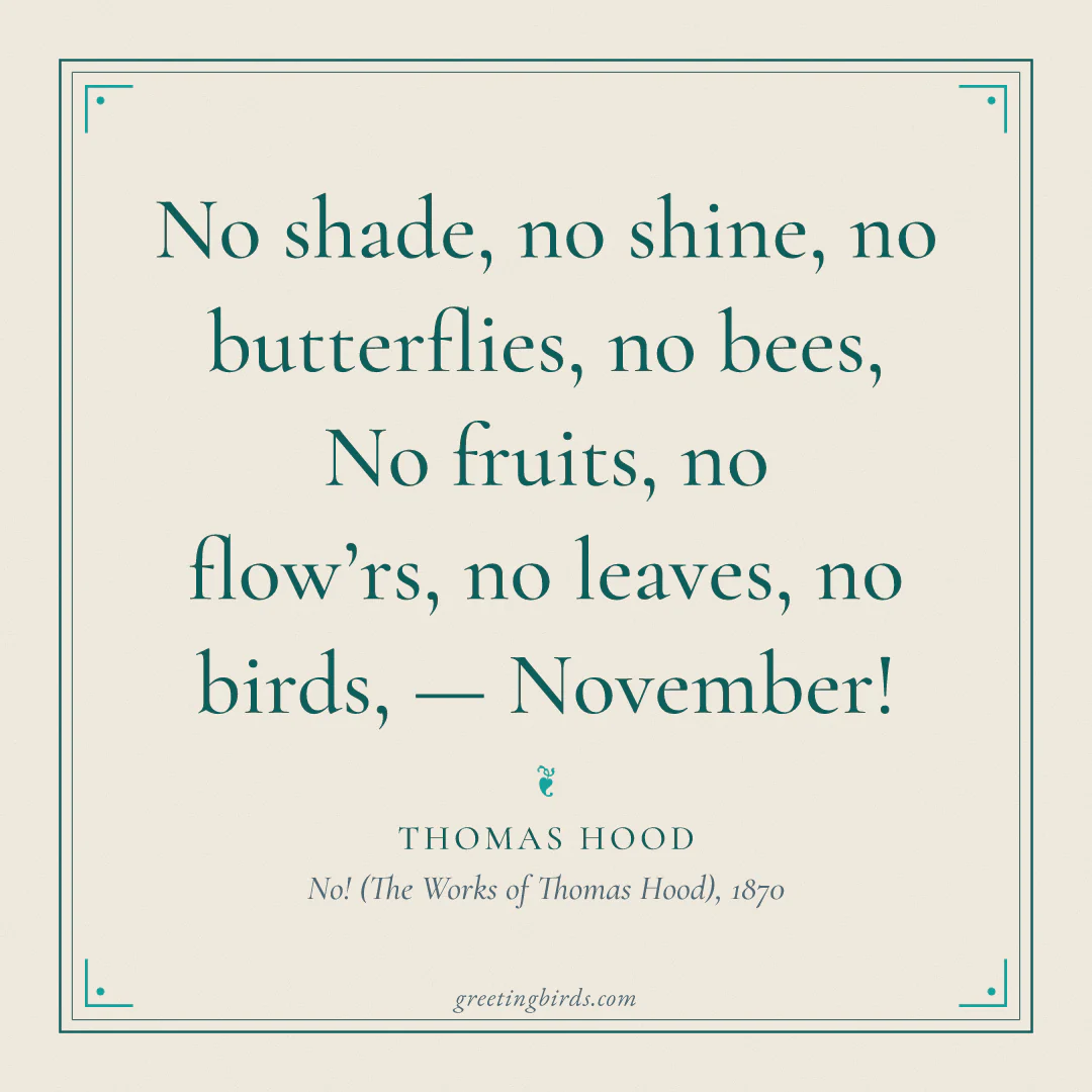 “No shade, no shine, no butterflies, no bees, / No fruits, no flow’rs, no leaves, no birds, — November!” — Thomas Hood, No! (The Works of Thomas Hood) (1870)